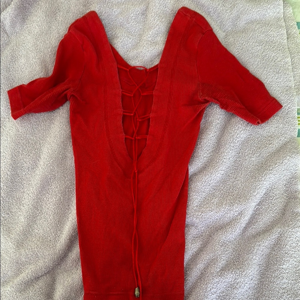 Red Lace-Up Knit Top